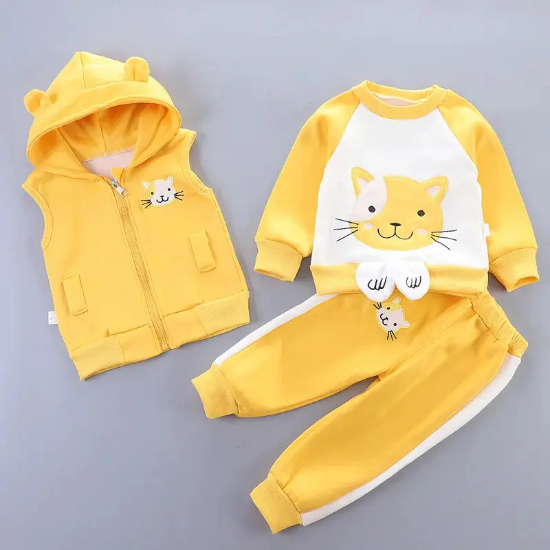 2024 Girls Padded Three Piece Children's Warm Cartoon Hooded Suit Autumn Winter Boys Fashion Casual Comfortable Sets 12M-5 Years