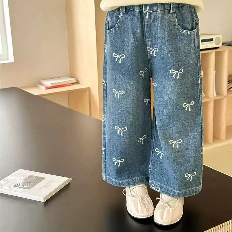 Spring Girls Jeans Children Bow Sweet Pants New Casual Trousers Autumn 2025 Kids Loose Fashion Straight Trousers 12M-6 Years Old