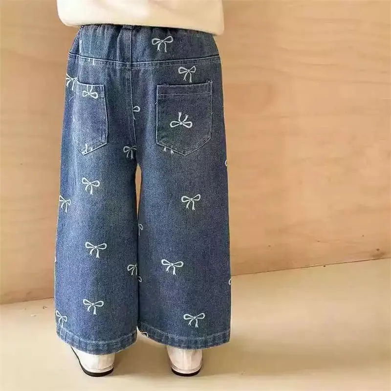 Spring Girls Jeans Children Bow Sweet Pants New Casual Trousers Autumn 2025 Kids Loose Fashion Straight Trousers 12M-6 Years Old