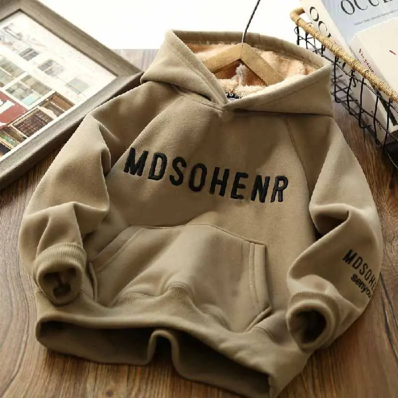 Boys' Padded Sweatshirt Winter Thickened Coat Kids Hooded Lambswool Outerwear Autumn New Children's Fleece Warm Pullover 5-14Y