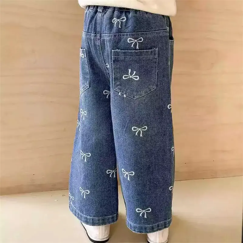 Spring Girls Jeans Children Bow Sweet Pants New Casual Trousers Autumn 2025 Kids Loose Fashion Straight Trousers 12M-6 Years Old
