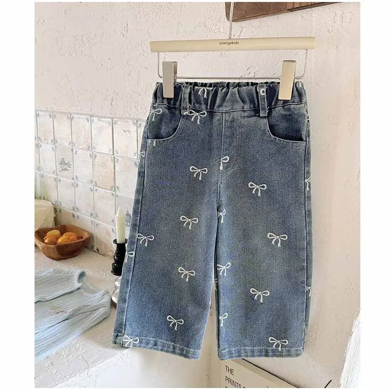 Spring Girls Jeans Children Bow Sweet Pants New Casual Trousers Autumn 2025 Kids Loose Fashion Straight Trousers 12M-6 Years Old