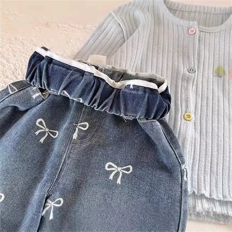 Spring Girls Jeans Children Bow Sweet Pants New Casual Trousers Autumn 2025 Kids Loose Fashion Straight Trousers 12M-6 Years Old