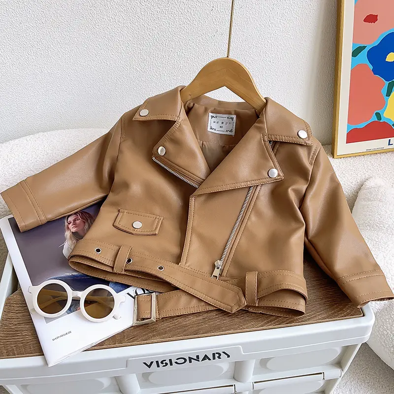 Boys Fashion Jacket Girls Solid Color Zipper Lapel Coat Spring Autumn New Children's Biker Short Paragraph Outerwear 2-8 Years