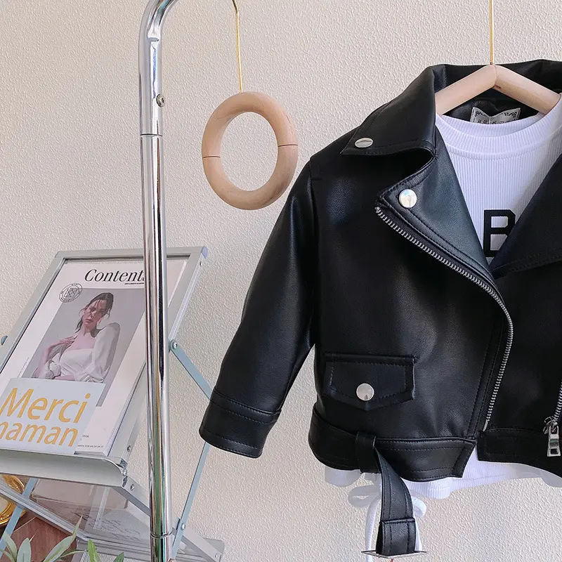 Boys Fashion Jacket Girls Solid Color Zipper Lapel Coat Spring Autumn New Children's Biker Short Paragraph Outerwear 2-8 Years