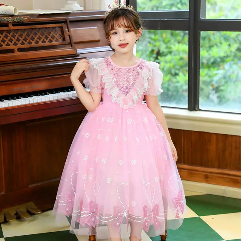 Girls Dresses Summer Sweet Cute Dress New Casual Princess Frock Baby Bowknot Lace Gown Children Fashion Party Costume