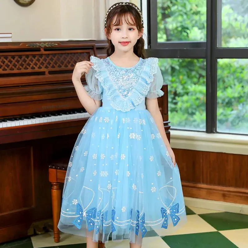 Girls Dresses Summer Sweet Cute Dress New Casual Princess Frock Baby Bowknot Lace Gown Children Fashion Party Costume