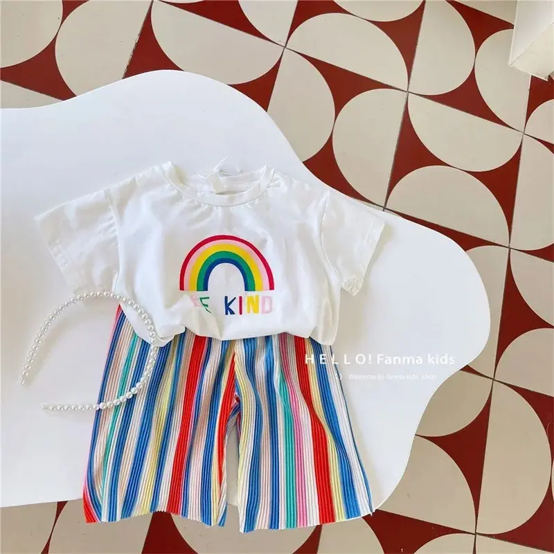 Kids Girls Sets Baby Summer Suit Children's Tops Bottoms Suit New Cute Short-Sleeved T-Shirt Rainbow Pleated Pants Two-Piece