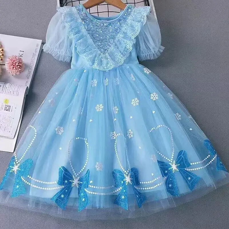 Girls Dresses Summer Sweet Cute Dress New Casual Princess Frock Baby Bowknot Lace Gown Children Fashion Party Costume