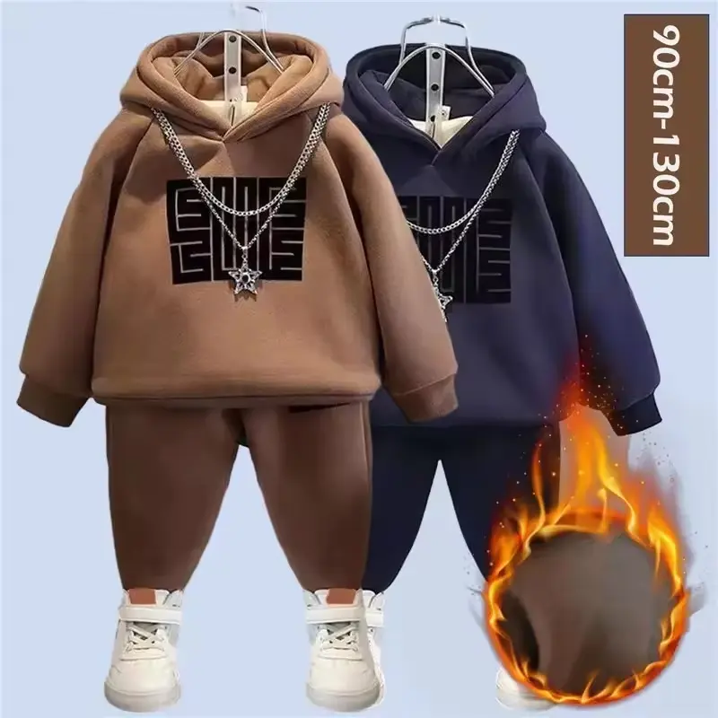 Winter Padded Sets Boys Thicken Suit Autumn Children's Fleece Hooded Sweatshirt Sweatpants 2 Pieces Kids New Warm Outfit