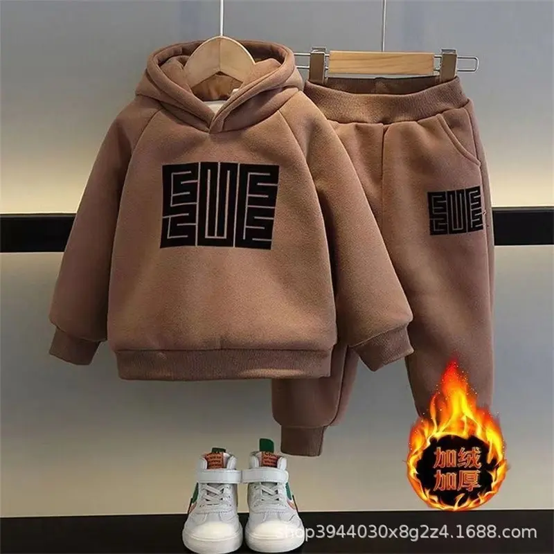 Winter Padded Sets Boys Thicken Suit Autumn Children's Fleece Hooded Sweatshirt Sweatpants 2 Pieces Kids New Warm Outfit