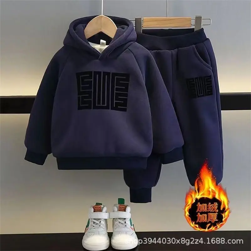 Winter Padded Sets Boys Thicken Suit Autumn Children's Fleece Hooded Sweatshirt Sweatpants 2 Pieces Kids New Warm Outfit