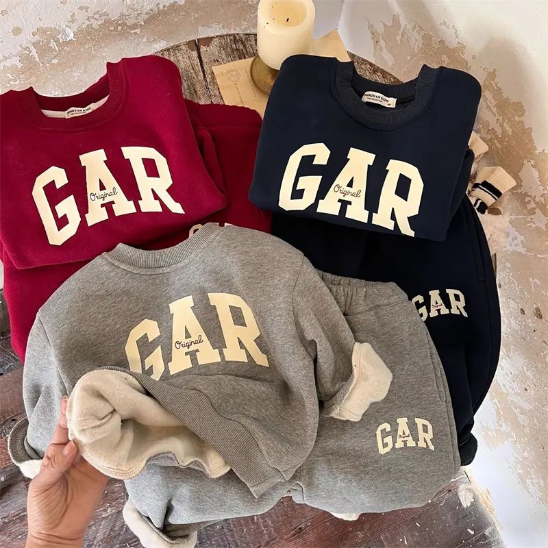 Boys Padded Sets Girls Fleece Warm Suit Kids Casual Outfit Autumn Winter Children's Letters Sweater Sweatpants 2Pcs 3-8Y