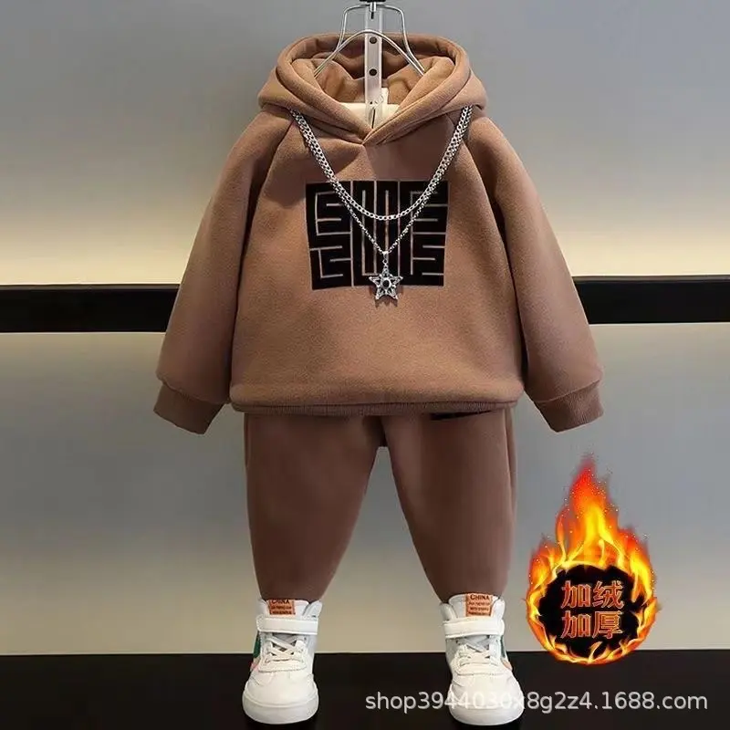 Children's Thicken Suit Winter Boys Padded Sets Autumn Fleece Hooded Sweatshirt Sweatpants 2 Pieces Kids New Warm Outfit