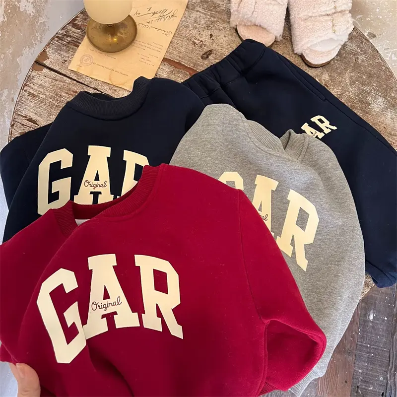 Boys Padded Sets Girls Fleece Warm Suit Kids Casual Outfit Autumn Winter Children's Letters Sweater Sweatpants 2Pcs 3-8Y