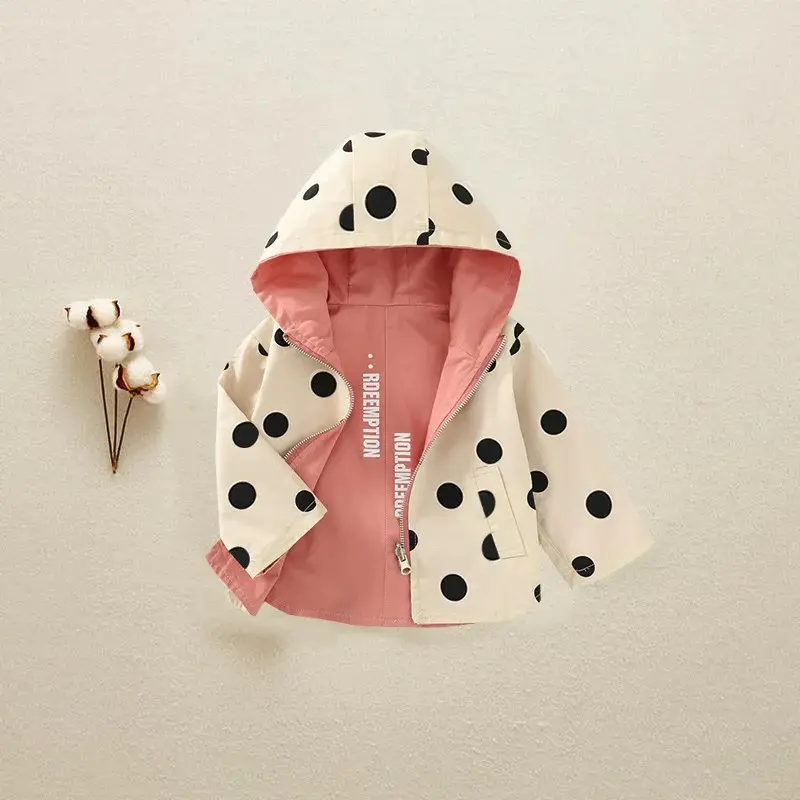 Autumn Kids Windbreaker Boys Hooded Jacket Girls Polka Dot Double-Sided Wear Coat Spring Children's Casual Overcoat 12M-5Y