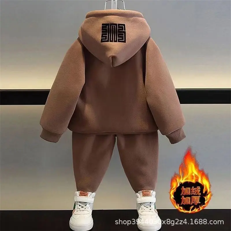 Winter Padded Sets Boys Thicken Suit Autumn Children's Fleece Hooded Sweatshirt Sweatpants 2 Pieces Kids New Warm Outfit