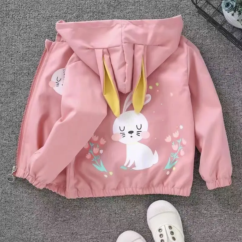 New Autumn Jacket Girls Cartoon Kitten Hooded Coat Spring Children's Fashion Casual Loose Zipper Baseball Clothing Outerwear