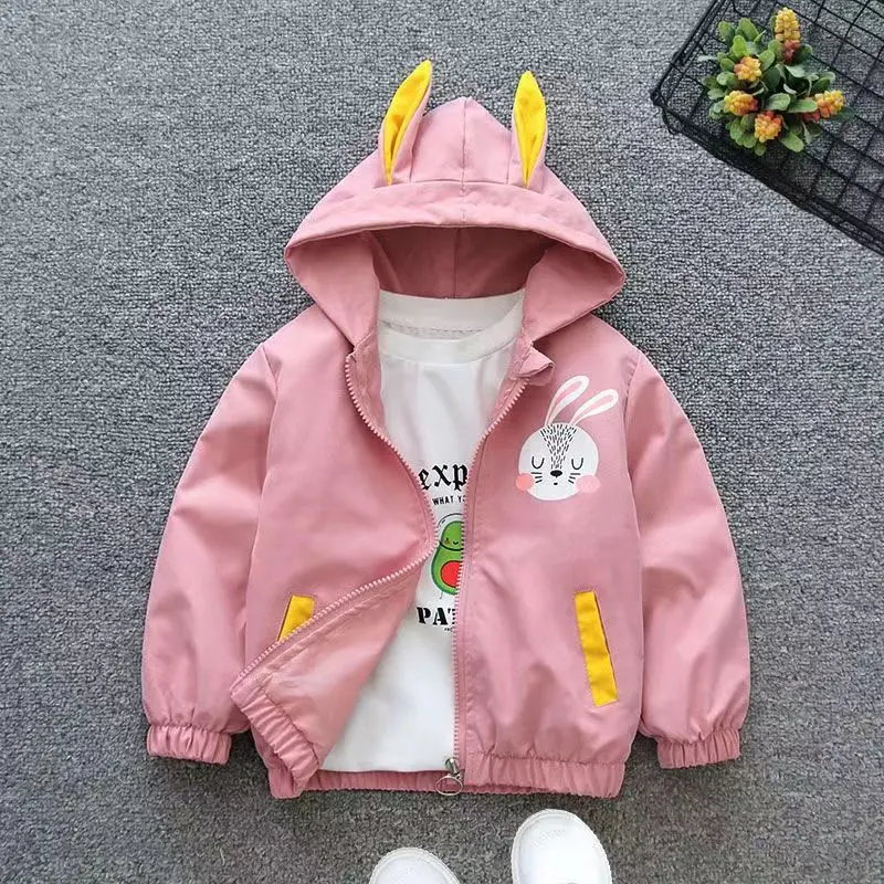 New Autumn Jacket Girls Cartoon Kitten Hooded Coat Spring Children's Fashion Casual Loose Zipper Baseball Clothing Outerwear