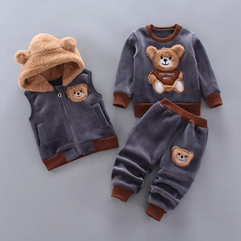 Baby Boys Girls Clothing Sets Winter Thick Warm Suit Autumn Cotton Hooded Sweater Pant 3Pcs Kid Cartoon Cute Bear Outfits 12M-4Y