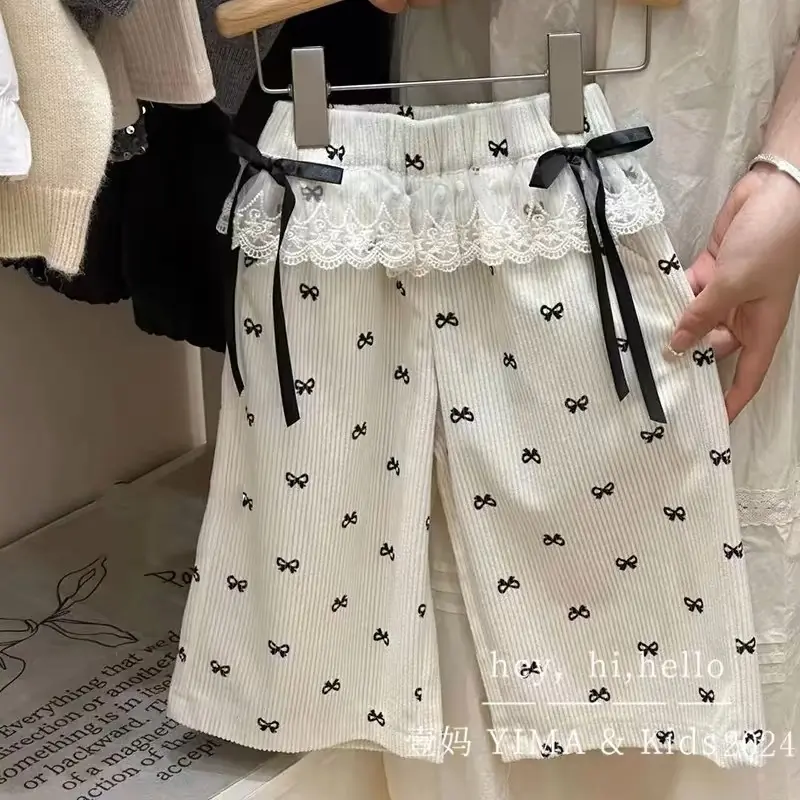 Girls Bow Pants Spring Print Kids Wide-leg Trousers New Fashion Elastic Loose Pants Autumn Children Bowknot Trousers 2-8 Years