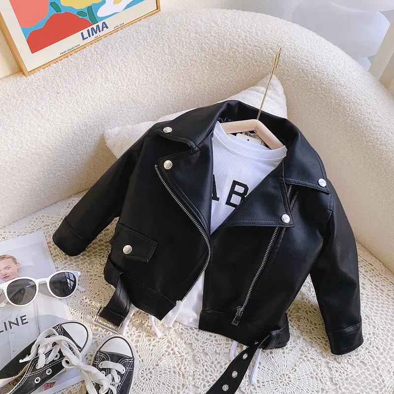New Girls PU Leather Jacket Boys Classics Handsome Lapel Coat Spring Autumn Children's Biker Short Paragraph Outerwear 2-8 Years