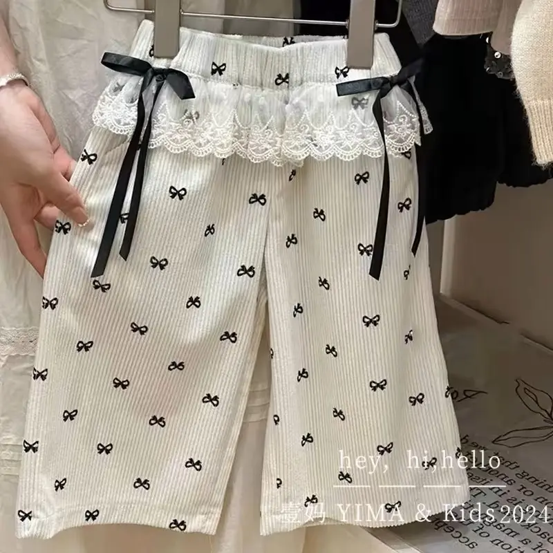 Girls Bow Pants Spring Print Kids Wide-leg Trousers New Fashion Elastic Loose Pants Autumn Children Bowknot Trousers 2-8 Years