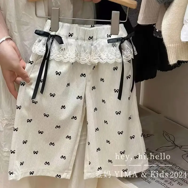 Girls Bow Pants Spring Print Kids Wide-leg Trousers New Fashion Elastic Loose Pants Autumn Children Bowknot Trousers 2-8 Years