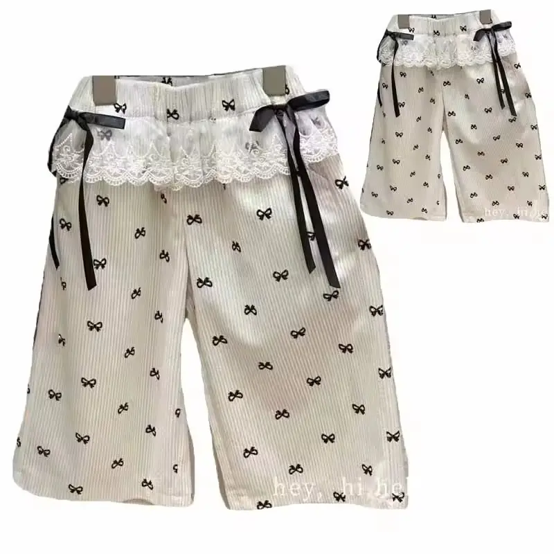 Girls Bow Pants Spring Print Kids Wide-leg Trousers New Fashion Elastic Loose Pants Autumn Children Bowknot Trousers 2-8 Years