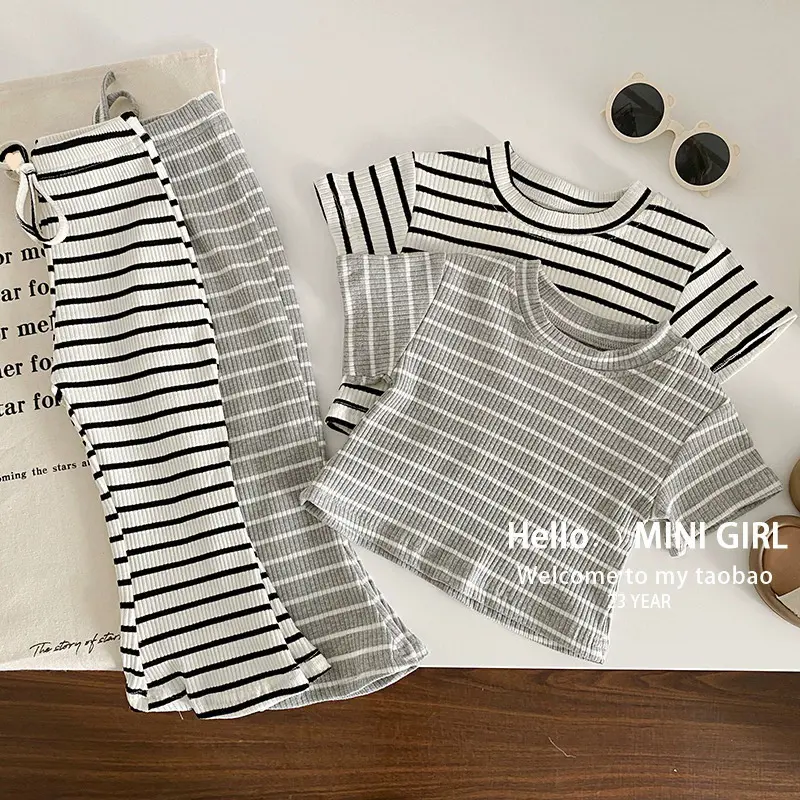 Girls Clothes Sets Children's Striped Suit Kids Short-Sleeved Round Neck Top Trousers 2Pcs Summer Baby Fashion Casual Outfit