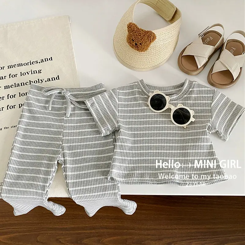 Girls Clothes Sets Children's Striped Suit Kids Short-Sleeved Round Neck Top Trousers 2Pcs Summer Baby Fashion Casual Outfit
