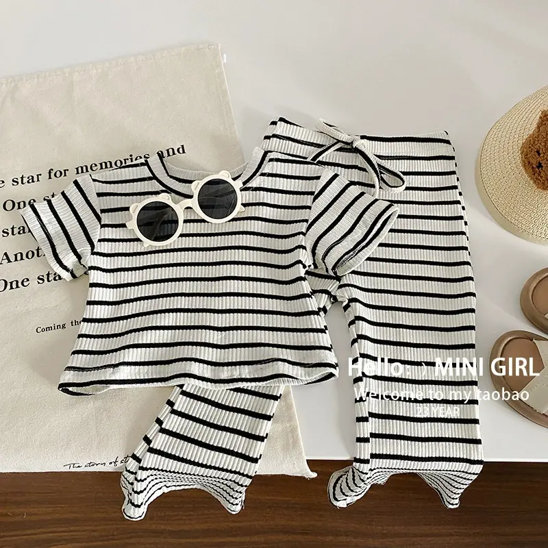 Girls Clothes Sets Children's Striped Suit Kids Short-Sleeved Round Neck Top Trousers 2Pcs Summer Baby Fashion Casual Outfit