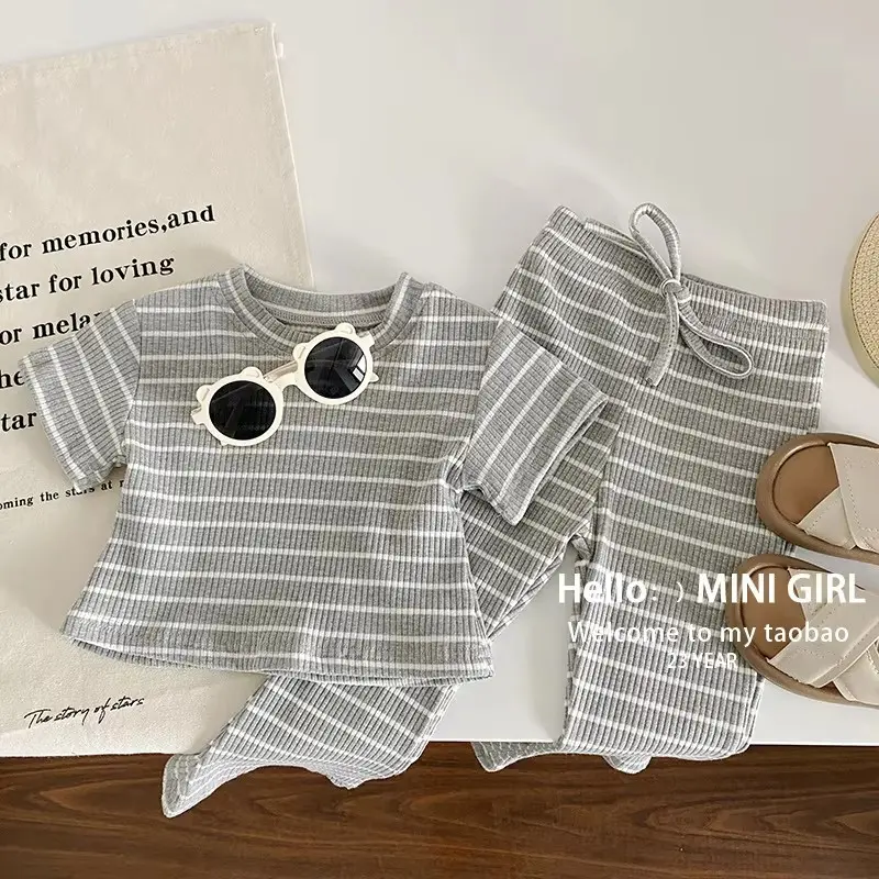 Girls Clothes Sets Children's Striped Suit Kids Short-Sleeved Round Neck Top Trousers 2Pcs Summer Baby Fashion Casual Outfit
