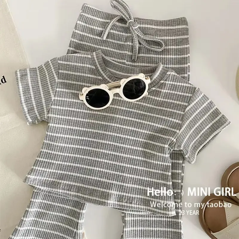 Girls Clothes Sets Children's Striped Suit Kids Short-Sleeved Round Neck Top Trousers 2Pcs Summer Baby Fashion Casual Outfit