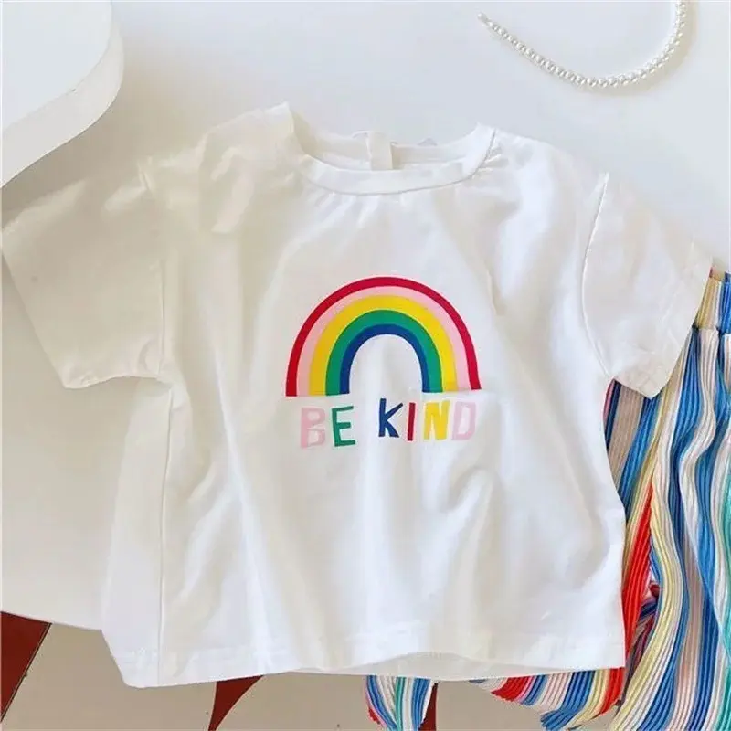 Baby Summer Set Children's Tops and Bottoms Suit New Girls Cute Short-Sleeved T-Shirt Rainbow Pleated Pants Two-Piece 12M-8Y