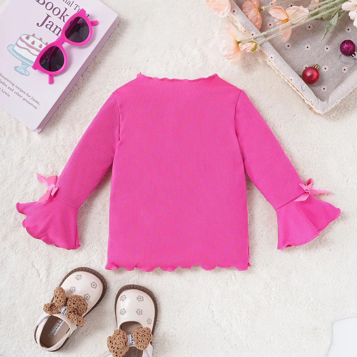 Baby Girl Autumn Top Rose Red Horn Sleeve Bow Top 0-2 Year Old Girl Fashion European and American Style Top