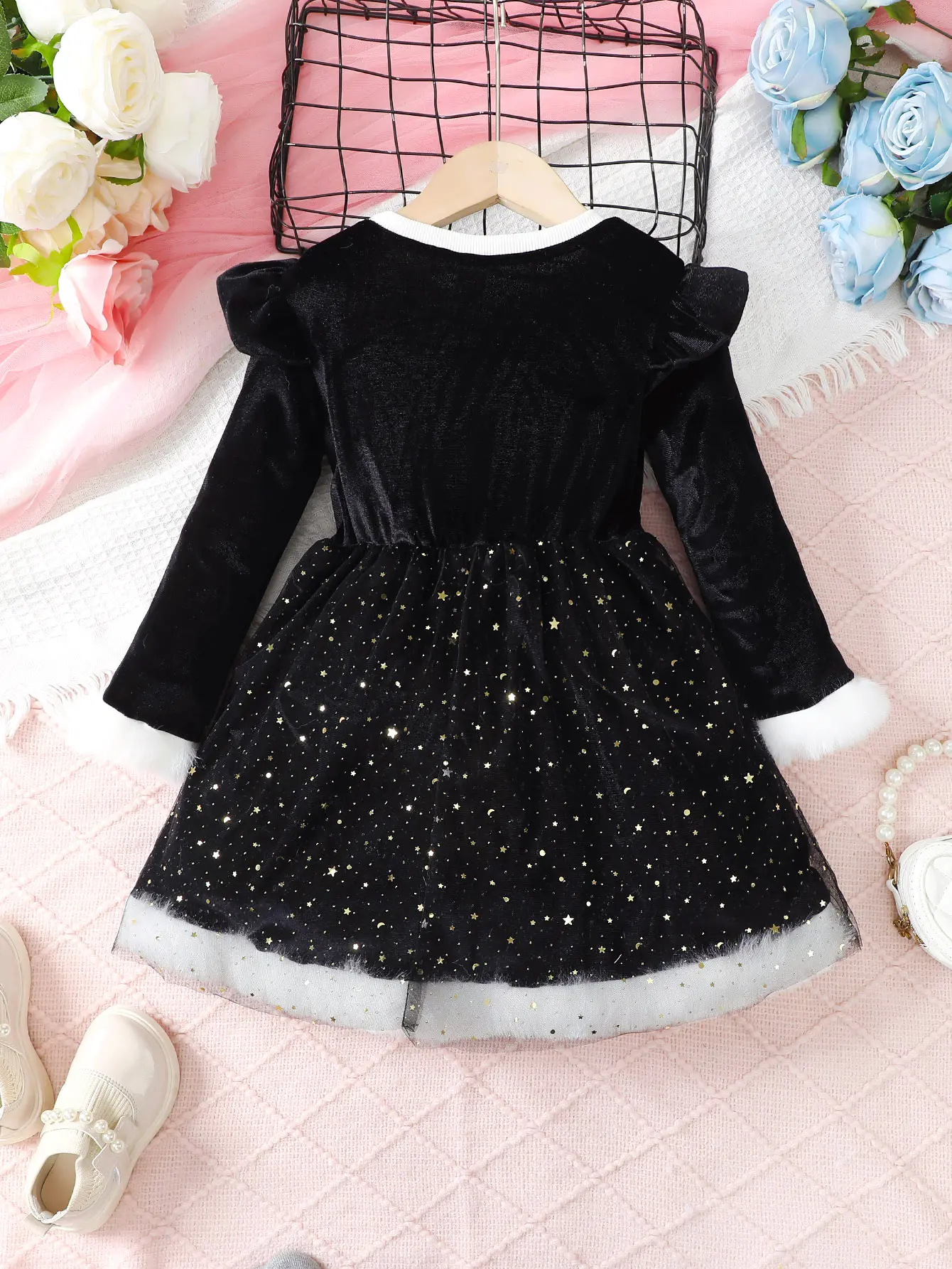 4-7 Year Children Girls Dress Round neck Satin Stars Tulle Ceremonial Dress for Girls' Spring  Autumn Fashion Party Dress
