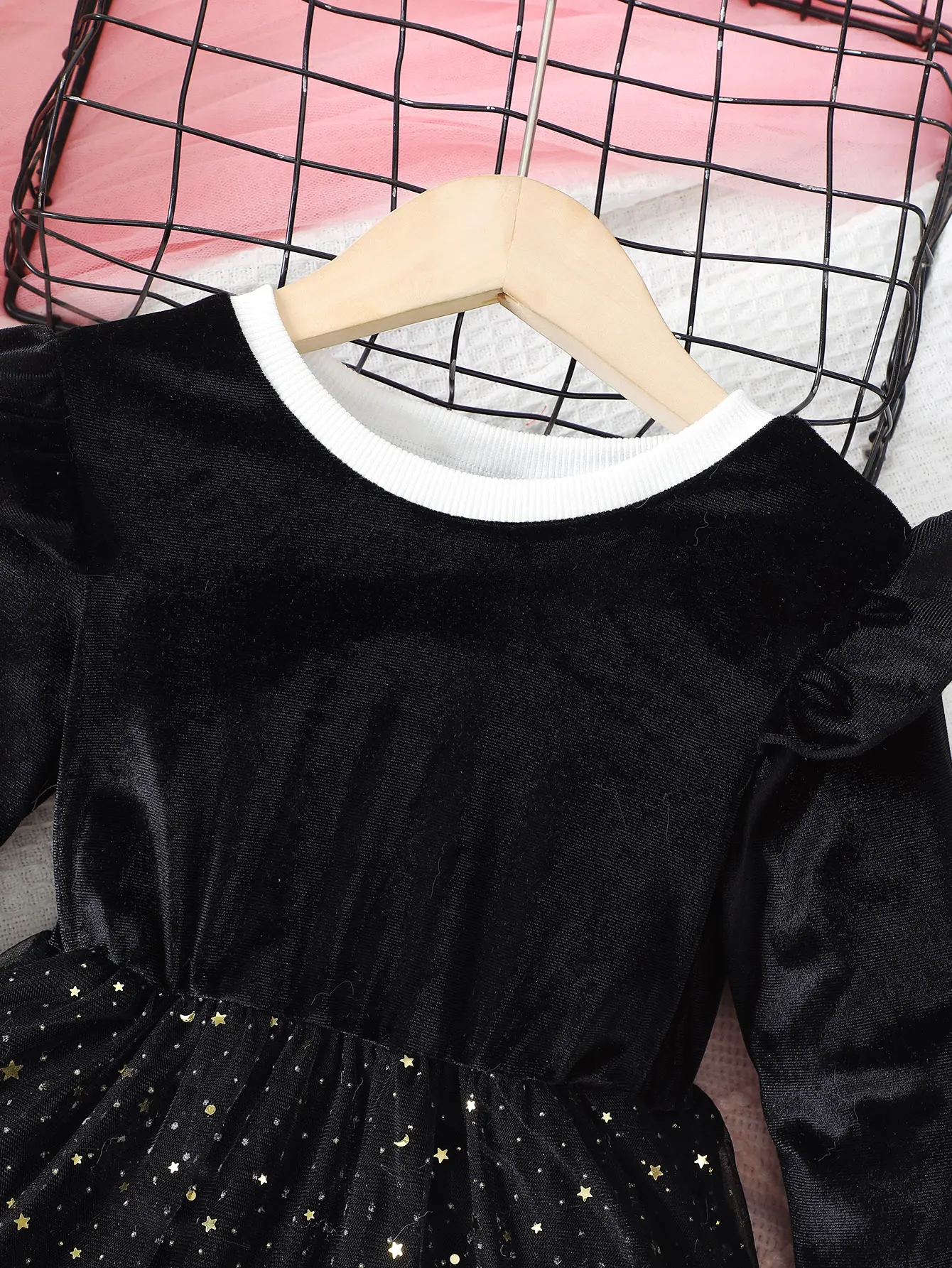 4-7 Year Children Girls Dress Round neck Satin Stars Tulle Ceremonial Dress for Girls' Spring  Autumn Fashion Party Dress