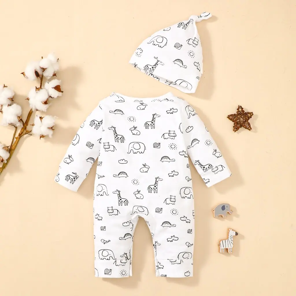 Romper for Baby Boy 0-6 Months Long Sleeves Animal Print Bodysuit with Hat Fashion Newborn Baby Spring Autumn Casual Jumpsuit