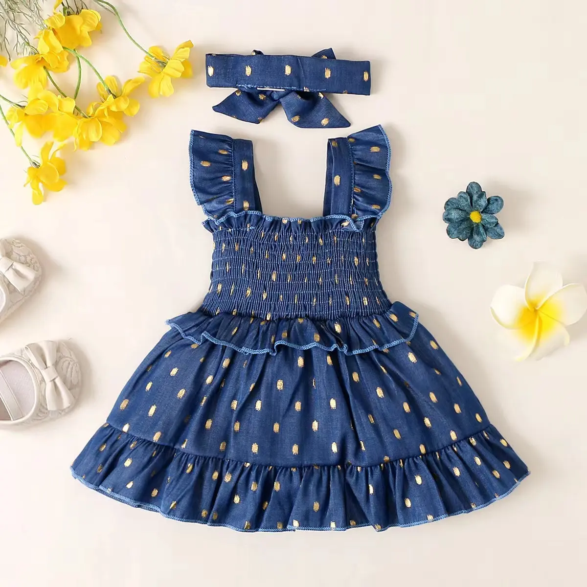 Toddler girl's Shoulder Strap With Round dot Pleated edge+Headband Summer Fashion Dress Suitable for Cute Girls Aged 0-2 Years