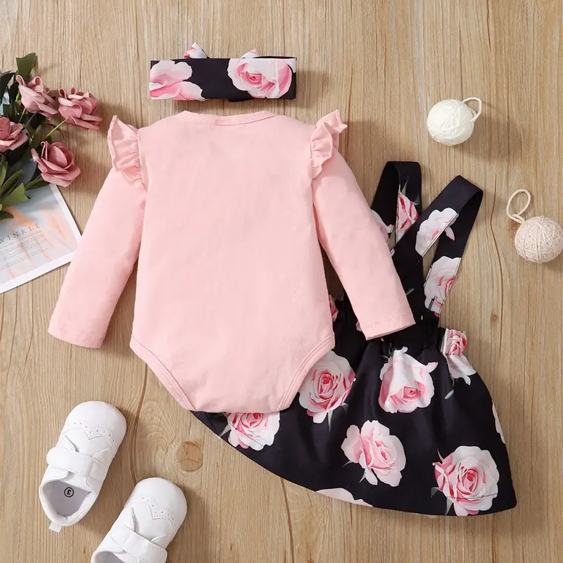 Baby Girl jumpsuit Cute Baby Pink Long sleeves Jumpsuit+ Straps skirt Spring and Autumn Fashion 2pc/Set fit 0-18 Months Newborn