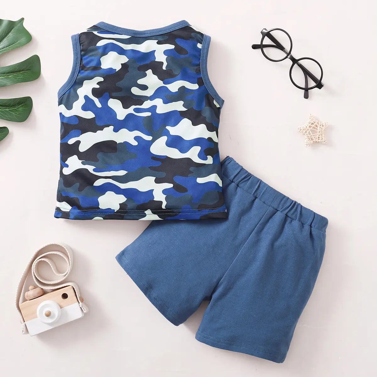 1-4 Year old Boy Camouflage Set With Round Neck Camouflage Letter Top Blue Shorts Two-piece Set, Handsome Boy Summer Leisure Set