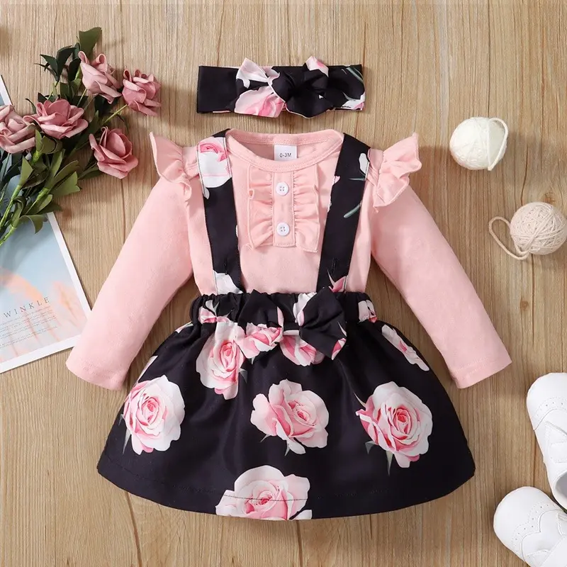 Baby Girl jumpsuit Cute Baby Pink Long sleeves Jumpsuit+ Straps skirt Spring and Autumn Fashion 2pc/Set fit 0-18 Months Newborn