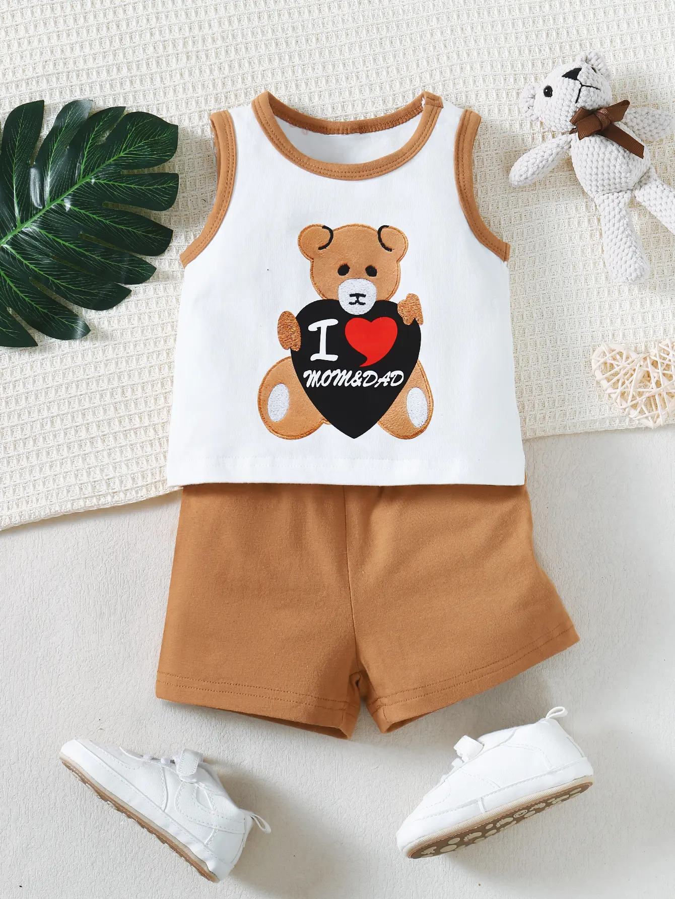 Baby Boy Cute Teddy Bear Vest+Shorts Two-Piece Set Suitable for Daily Casual Summer Set for Babies Aged 0-18 Months