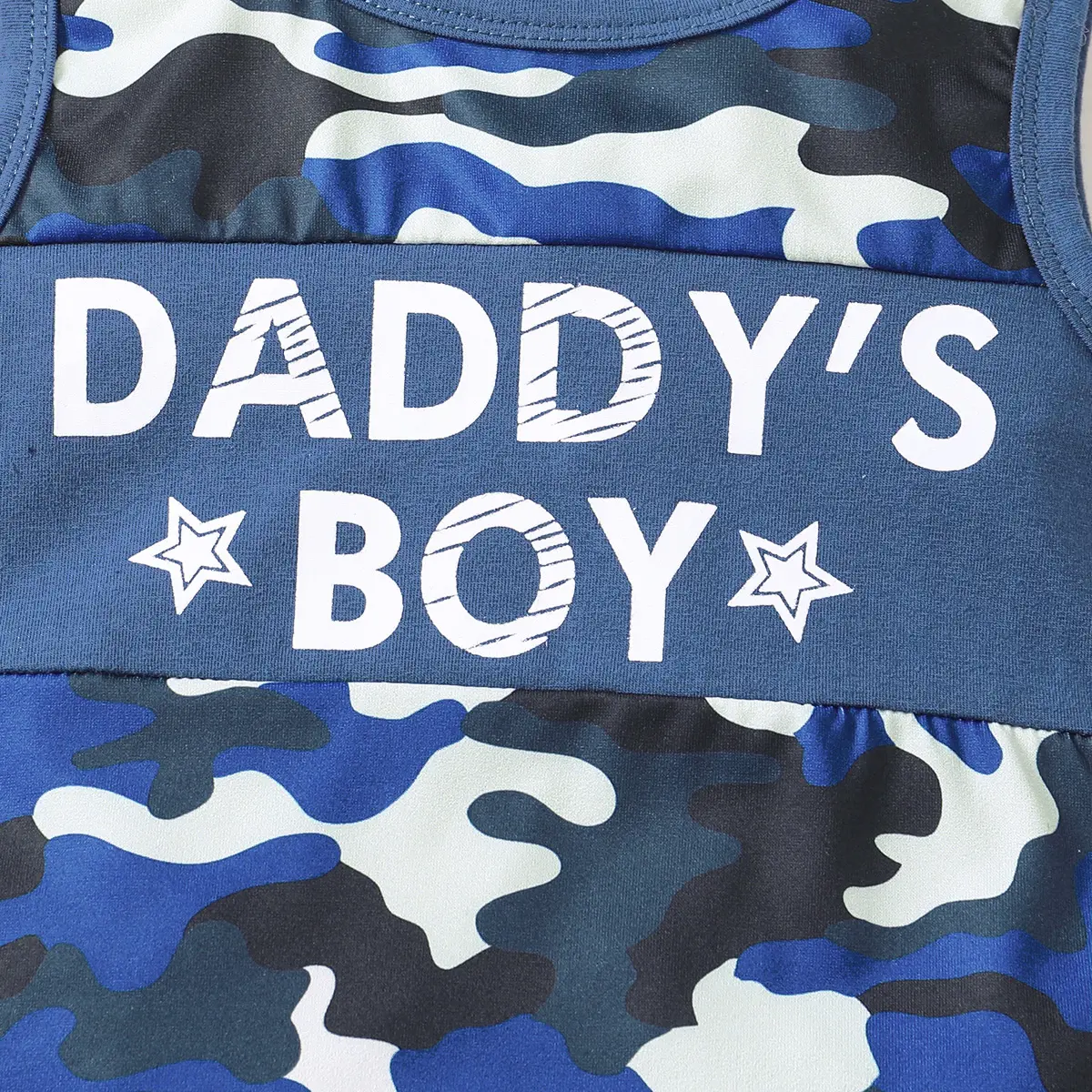 1-4 Year old Boy Camouflage Set With Round Neck Camouflage Letter Top Blue Shorts Two-piece Set, Handsome Boy Summer Leisure Set