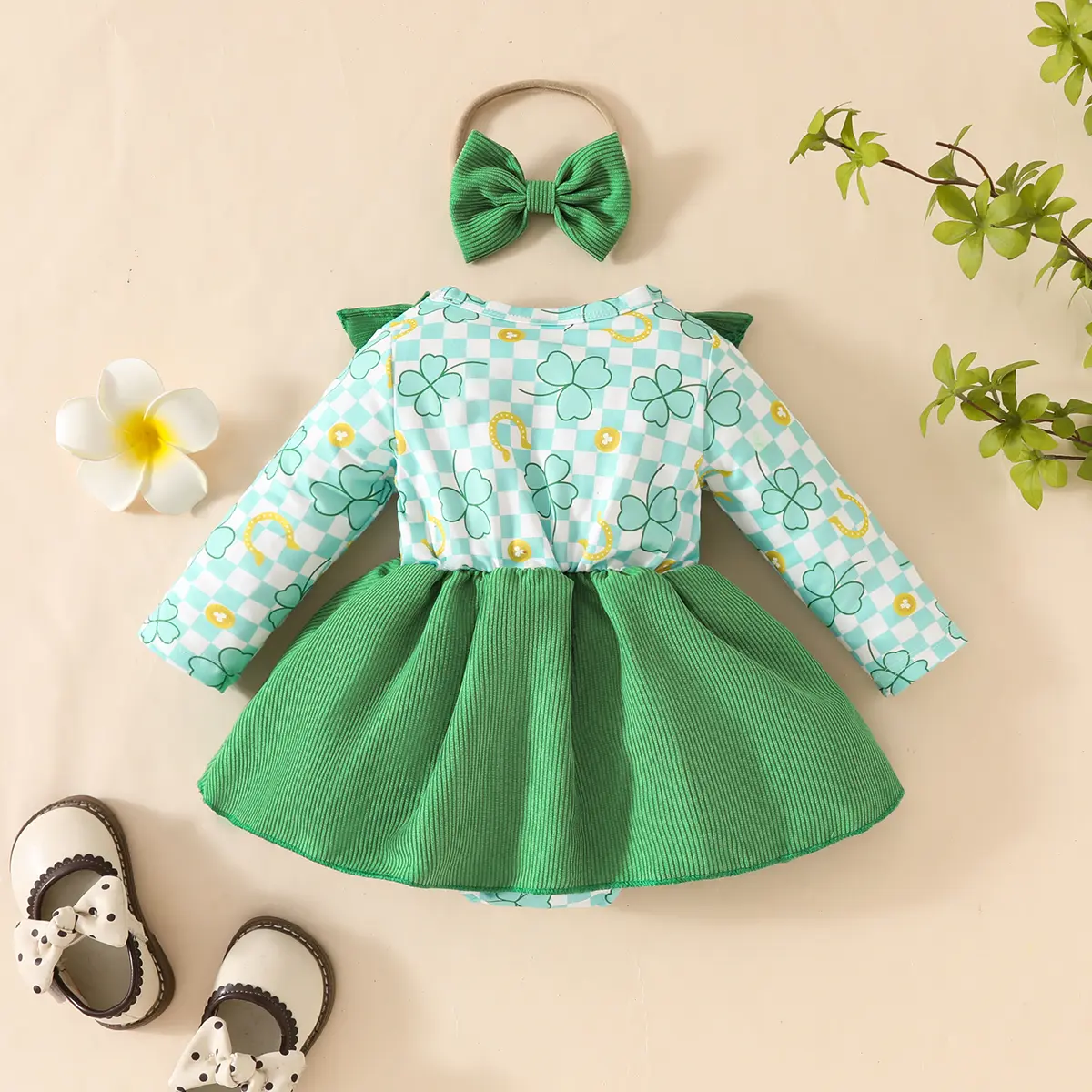 Newborn Dress Baby girl Four leaf Clover Ruffle Long sleeved Dress+Headband 0-18 Months Baby Girl spring and autumn outfit