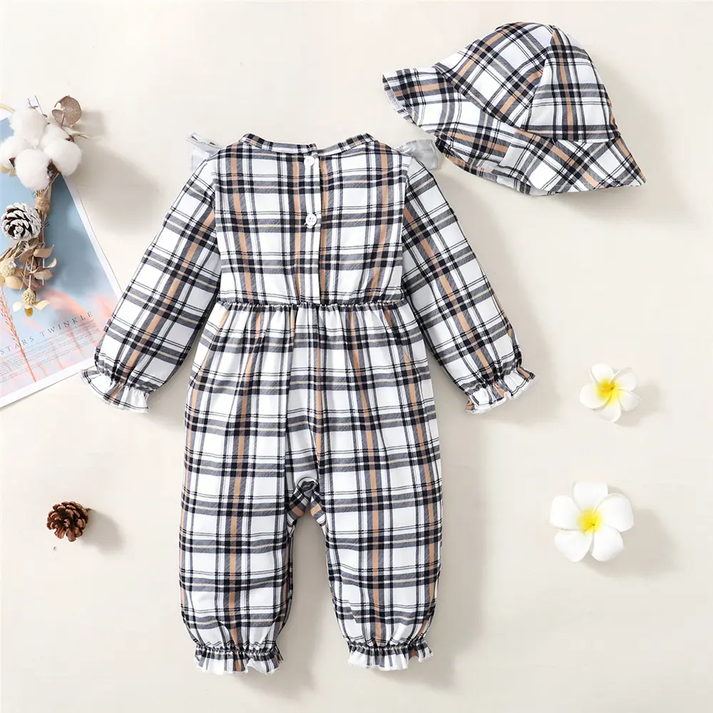 Baby Girl  Round neck Bow Plaid Fashionable Bodysuit+Hat 0-18 Months Cute Baby Spring And autumn Jumpsuit Baby Crawling Suit