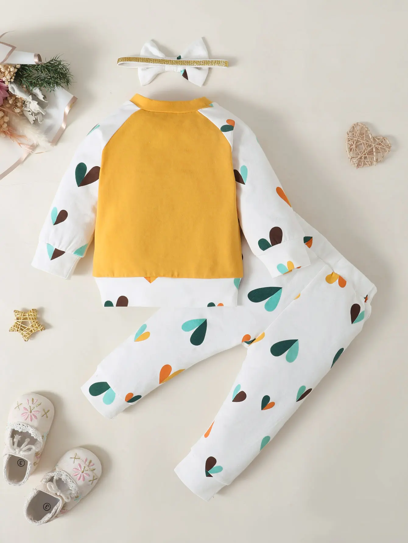 3pc/Set Baby Girl Round neck Bow Color blocked Long Sleeve+Love Printed Pants+ Bow Headband 0-12 Months Cute Baby Autumn Set