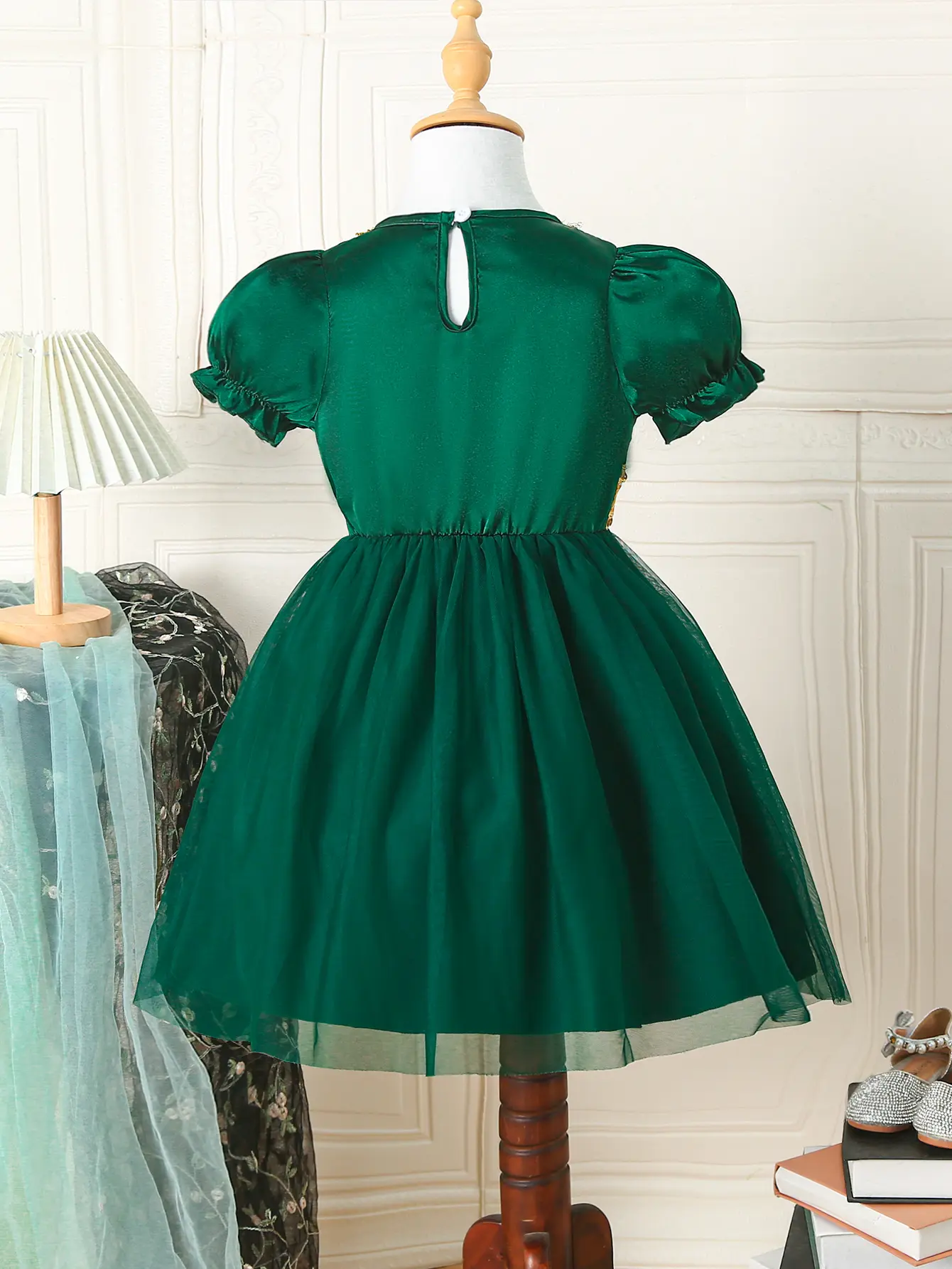 Children Girls' Summer Dress Bubble Sleeves Elegant Style Dress Suitable for Party Clothing for Girls Aged 4-7 Dress