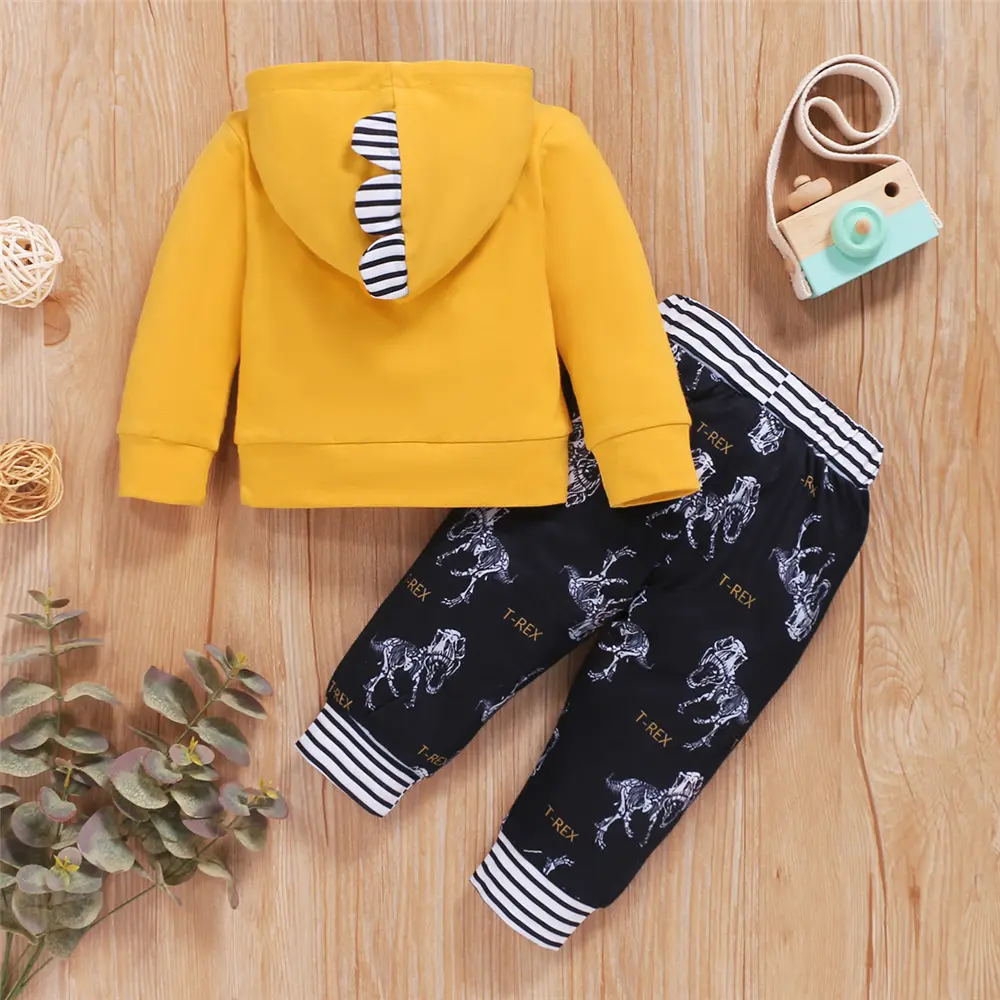 2Pcs Baby Boy Spring&Autumn Clothes Set Dinosaur Hooded Long Sleeved Top+Pants Sporty Outfit for Toddler Boy 0-3 Years